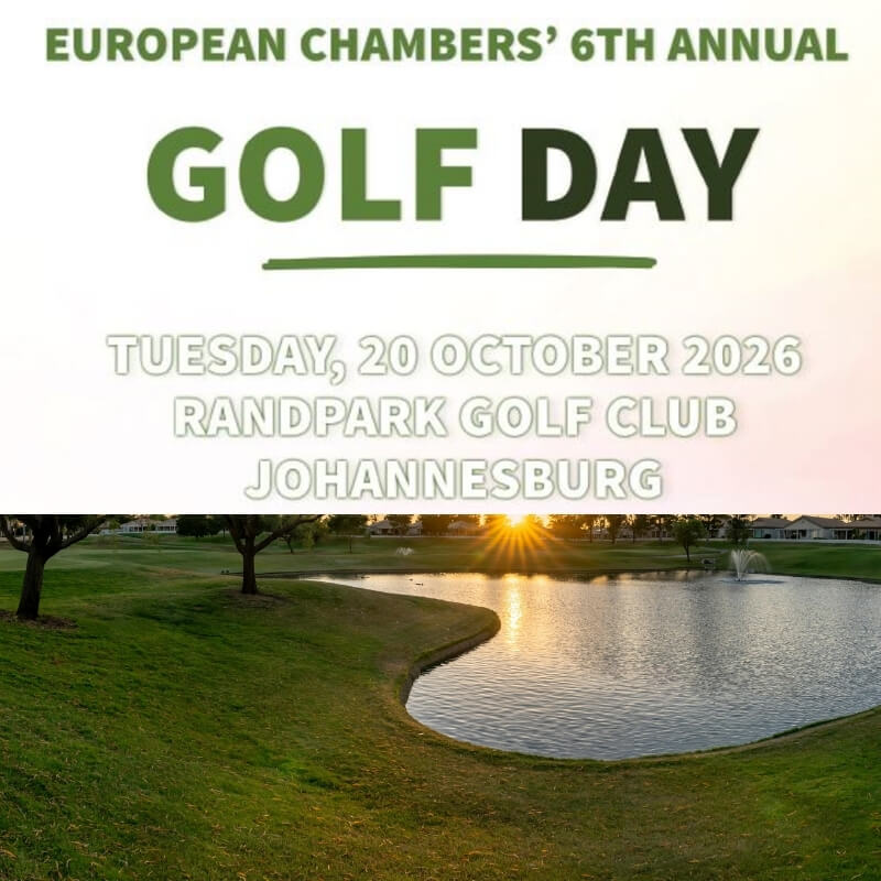 European Chambers’ 6th Annual Golf Day on Tuesday, 20 October 2026 at Randpark Golf Club, Johannesburg, with a golf course sunset view.